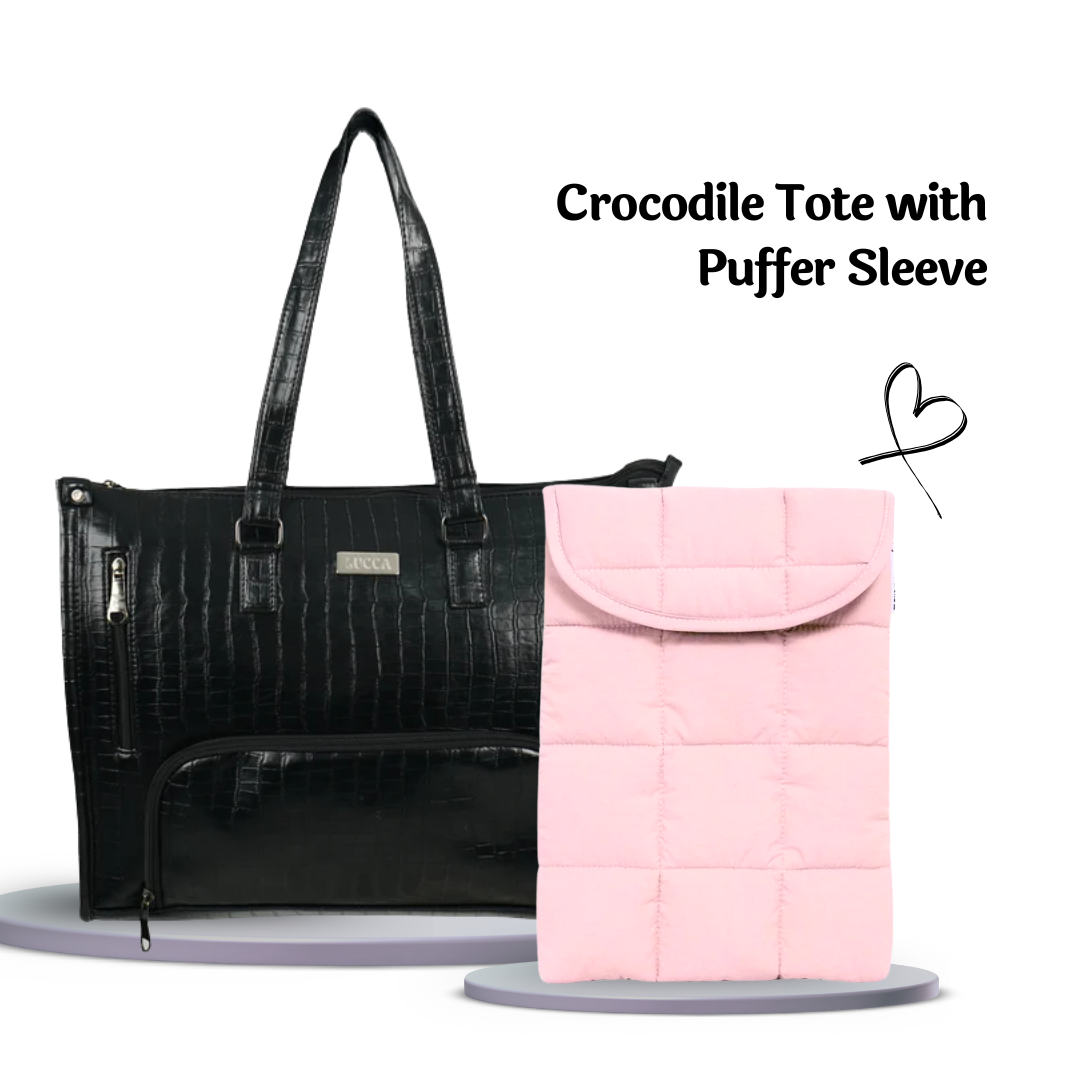 Crocodile Embossed Tote + Puffer Sleeve + FREE Barbie Phone