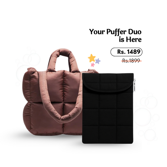 Brown Puffer Tote + Puffer Laptop Sleeve