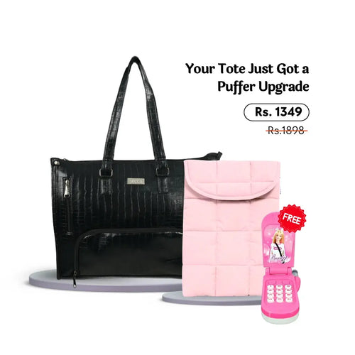 Crocodile Embossed Tote + Puffer Sleeve + FREE Barbie Phone