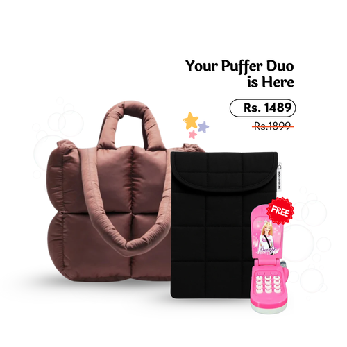 Brown Puffer Tote + Puffer Laptop Sleeve + FREE Barbie Phone