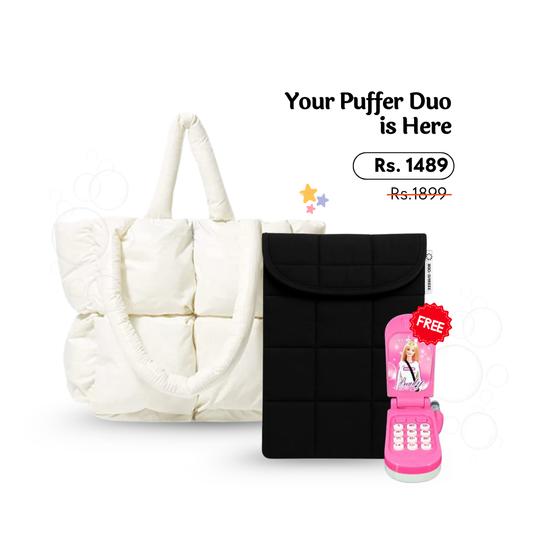 White Puffer Tote + Puffer Laptop Sleeve + FREE Barbie Phone