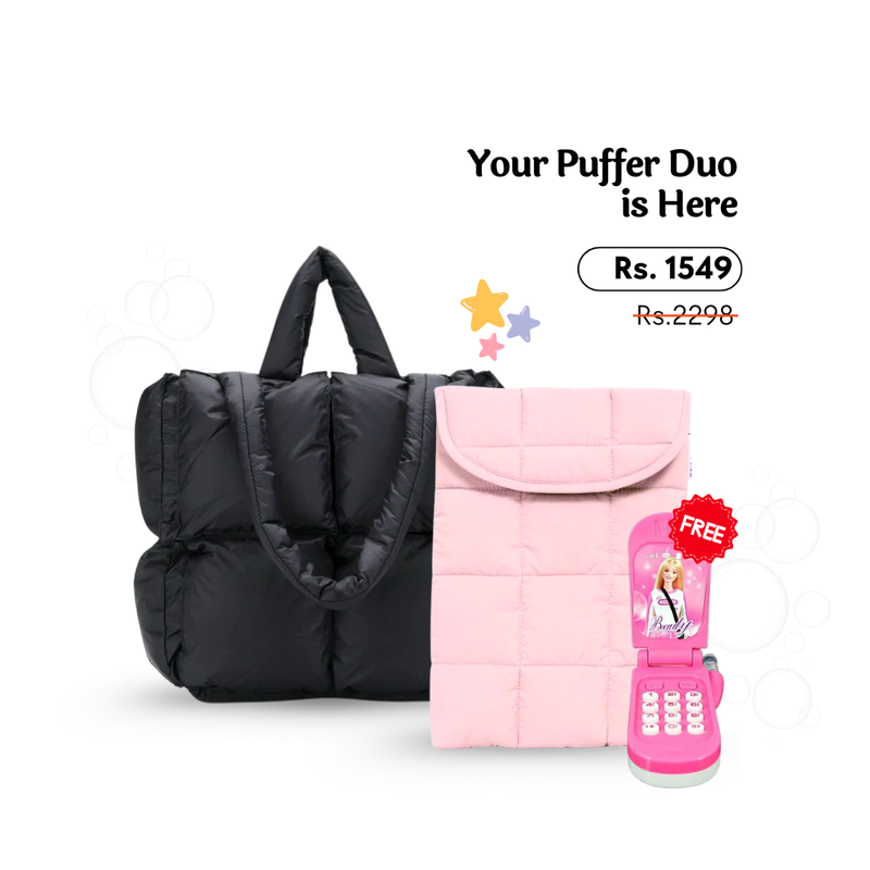 Black Puffer Tote (16 Inch) + Puffer Laptop Sleeve + FREE Barbie Phone